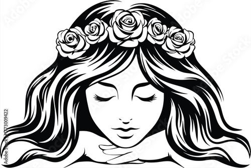 Calm woman with long hair and a rose crown rests her hands on her face