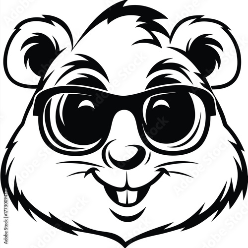 Cartoon chipmunk wearing sunglasses smiles showcasing its two buck teeth in black and white