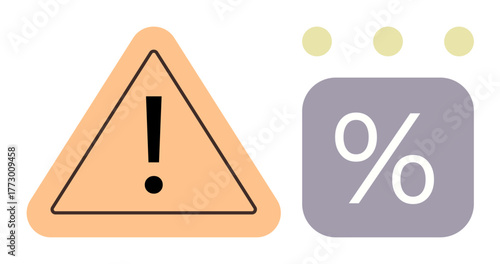 Orange triangle with exclamation mark next to purple square with percentage sign and three dots. Ideal for caution, risk, analysis, statistics, finance, probability, problem-solving. Simple flat