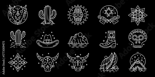 Collection of white line art icons representing western and mystical symbols on a black background