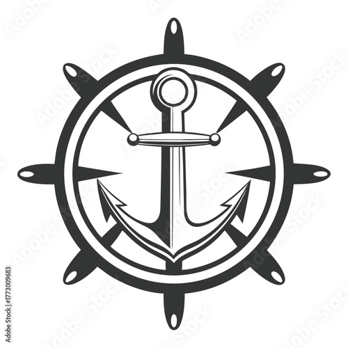 Central gray anchor resides within a nautical helm wheel design