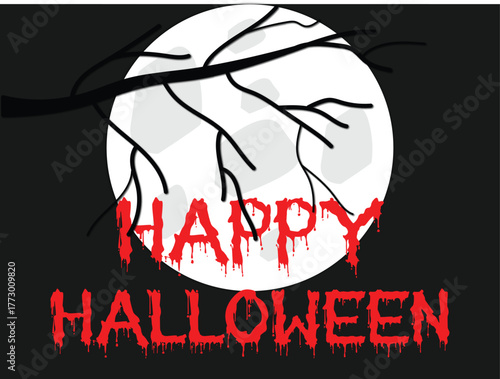 happy Halloween text with full moon and dark tree branches, spooky Halloween night greeting design, creepy red dripping font Halloween artwork