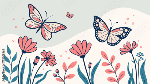 Spring Butterflies Flying Around Flowers – Minimal Flat Vector Illustration in Soft Pastel Tones  Spring Butterflies Flying Around Flowers – Minimal Flat Vector Illustration in Soft Pastel Tones.