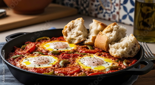Algerian Chakchouka with poached eggs in a seasoned tomato and pepper sauce, served in a cast-iron skillet, accompanied by rustic bread and a drizzle of olive oil.