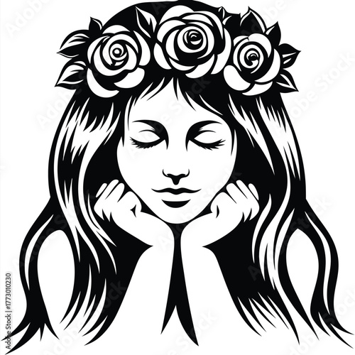 Contemplative young woman with closed eyes rests her chin on her hands wearing a rose crown