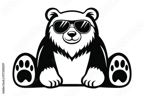 Cool bear cartoon character wearing sunglasses sits with its paws out in black and white