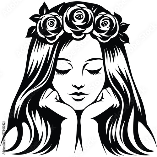Contemplative woman with floral crown rests her chin in a black and white portrait
