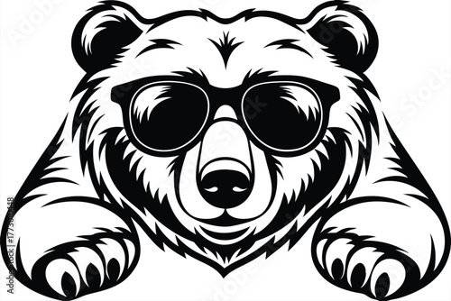 Cool bear with sunglasses peeking over a ledge in a black and white vector