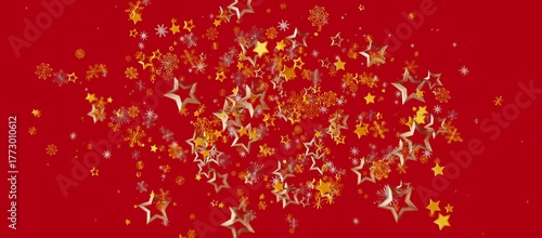 Elegant abstract background featuring gold stars and snowflakes floating on a vibrant red backdrop. Perfect for Christmas celebrations and holid
