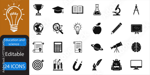Education icon setMicroscope, Atom, Book, Graduation Cap, Flask, DNA, Pencil, Globe, Calculator, Magnet  and more icons. Vector illuatration