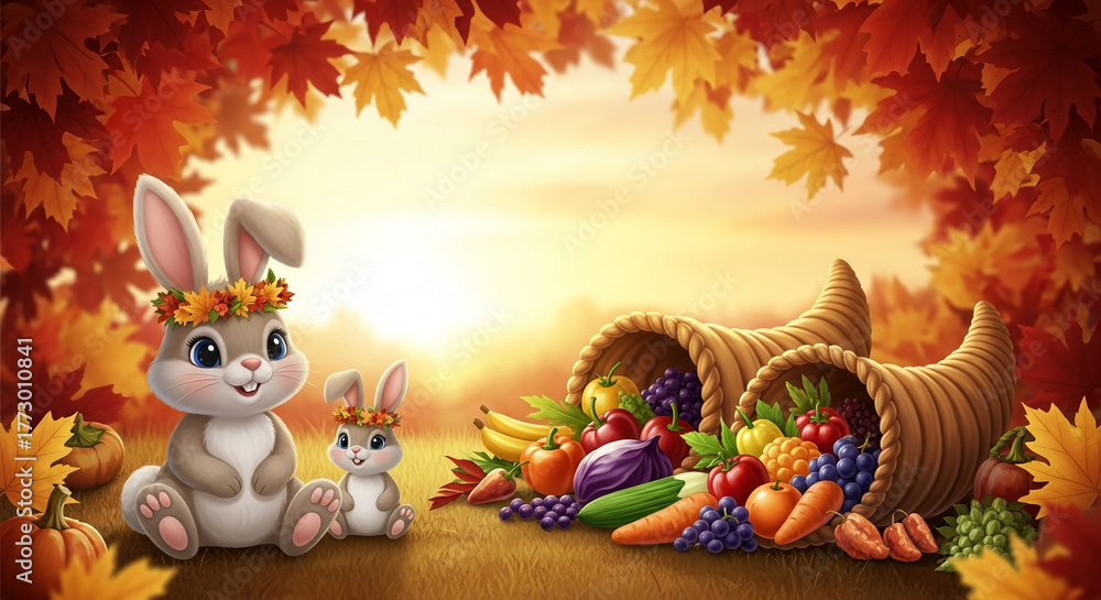Fototapeta premium Cartoon bunnies with flower crown next to cornucopia overflowing with fruit and vegetable, under foliage, autumnal vibe, representing harvest