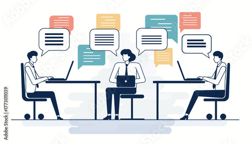 Illustration of three people working at desks with speech bubbles above them.