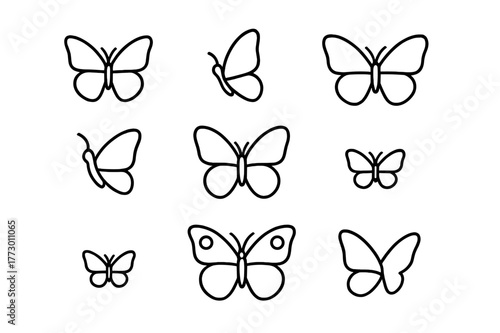 Various butterfly sketches in differing sizes and shapes for creative design use
