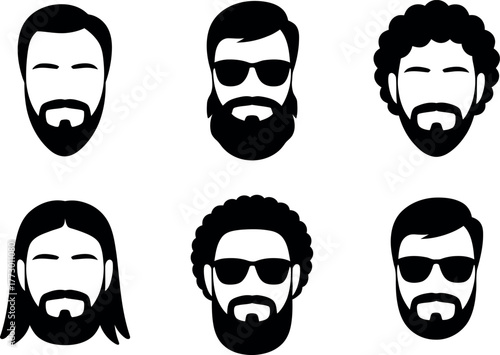 Diverse set of hipster beard styles with unique haircuts and sunglasses