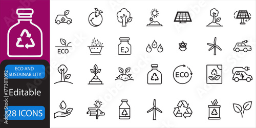 Eco and sustainabilyty icon set.  Recycle, Leaf, Solar Panel, Earth, Tree, Wind Turbine, Water Drop, Green Home, Electric Car, Reusable Bag and more icons. Vector illuatration