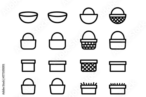 Collection of simple basket and bowl icons showcasing different shapes and styles in a uniform layout