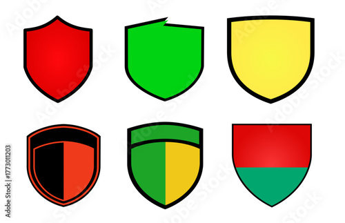 Collection of six empty colorful vector shields for logo design or game asset badges