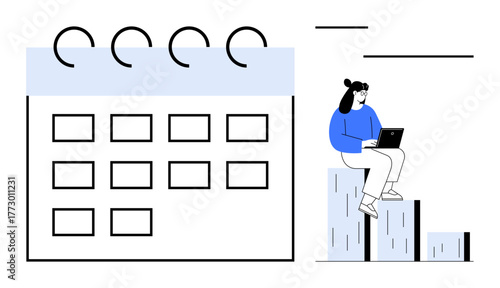 Large calendar with ring bindings and grid layout beside bar graph topped by a woman working on a laptop. Ideal for scheduling, productivity, time management, planning, analytics, business growth