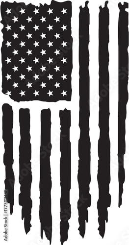 stylized American flag.eps The image shows a stylized American flag with a distressed or weathered design. The flag’s stripes and edges appear rough and uneven, giving it a rugged, worn look.