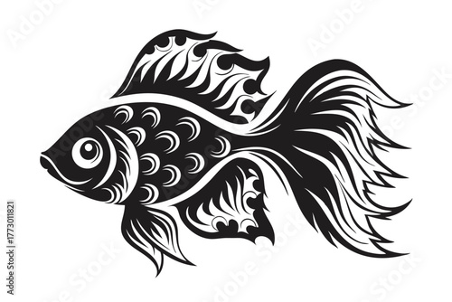 Detailed monochrome drawing shows a beautiful goldfish with elaborate fins and flowing tail