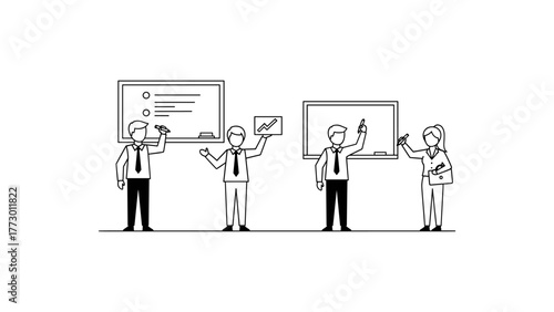 Business people presenting ideas on whiteboards