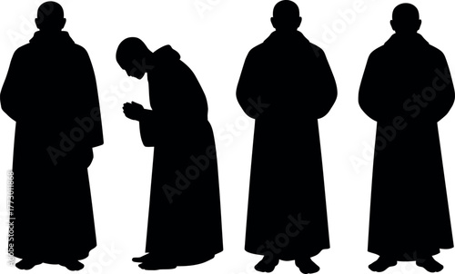 Monk silhouettes in prayer and contemplation spiritual religious concept vector