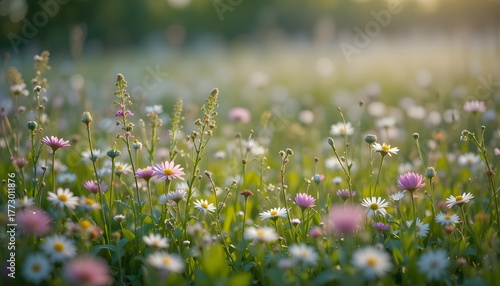 Soft focus meadow with wildflowers in spring