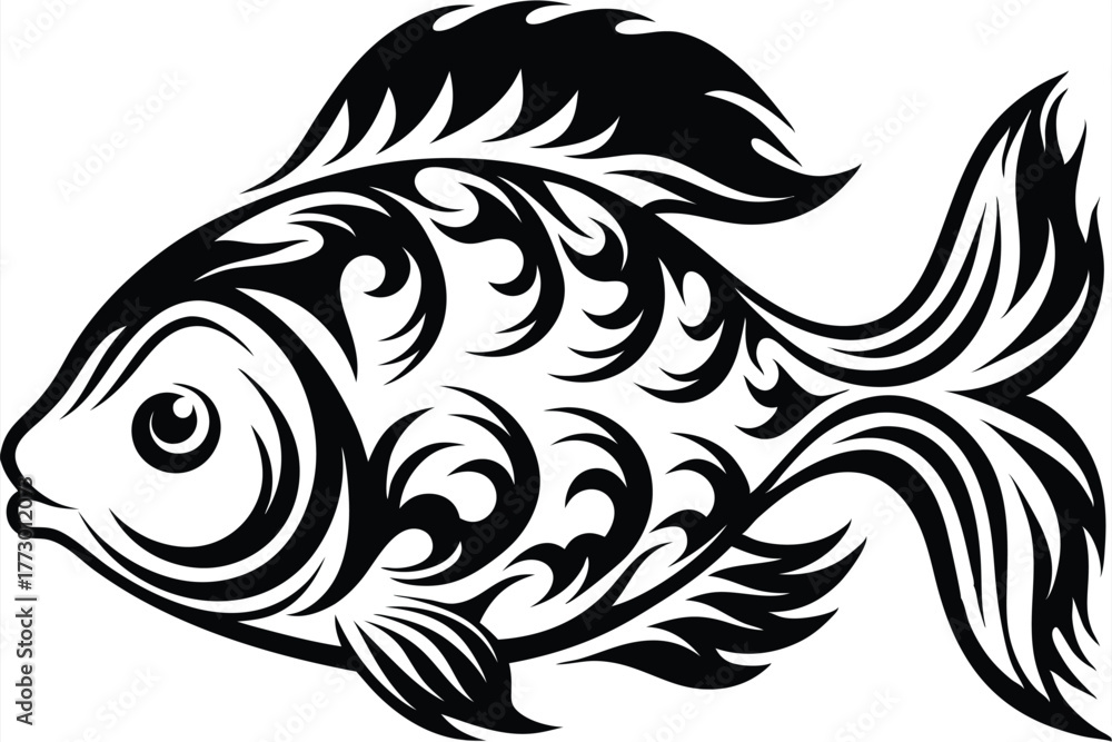 Fototapeta premium Detailed monochrome ornamental fish swims gracefully with flowing patterns across its body