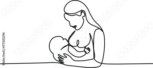 Minimal continuous one-line drawing of a mother breastfeeding her baby, symbolizing love, care, and motherhood.