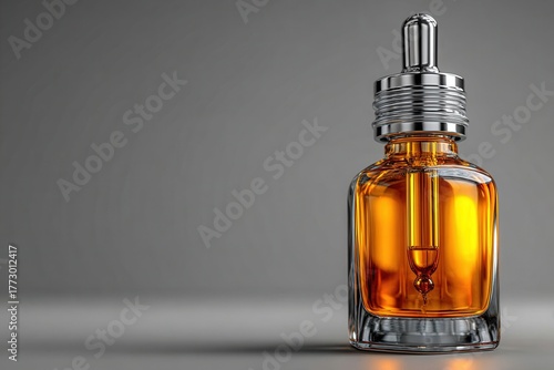 Wallpaper Mural Glass bottle filled with amber liquid and a silver dropper sits on a gray background Torontodigital.ca