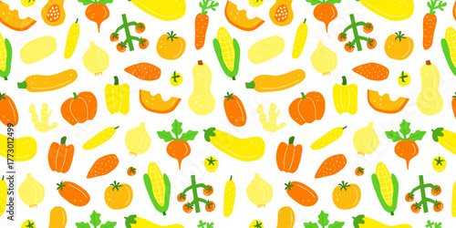 Seamless pattern with cute hand drawn flat yellow and orange vegetables on white background. Healthy vegetarian nutrition. Colorful vitamin food in modern style. Autumn harvest farm festival.