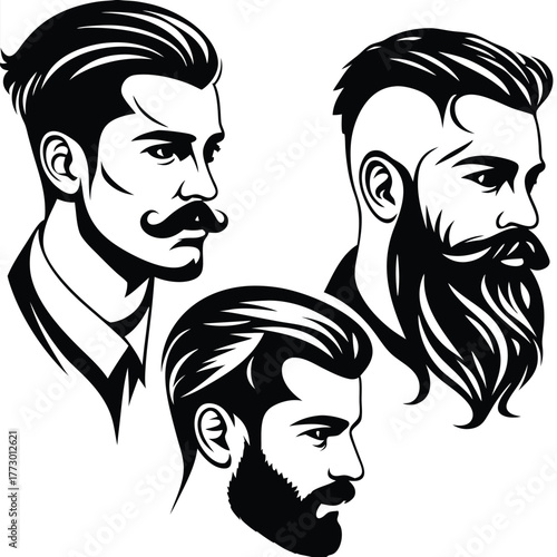 Diverse men sporting beards and moustaches showcase varied hairstyles in monochrome simplicity