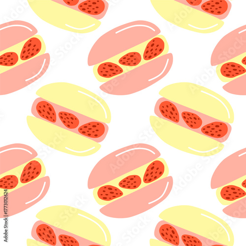 Cute seamless pattern with hand drawn flat strawberry macaroons. Seasonal summer background.