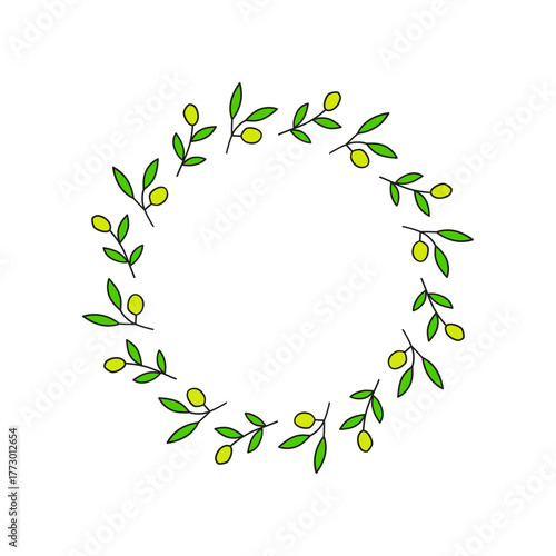Cute round frame with doodle green olive twigs isolated on white background.