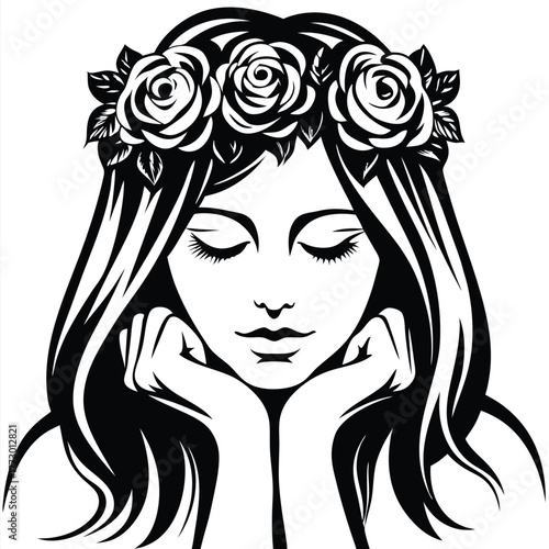 Dreamy woman with flowing hair and rose wreath rests her head thoughtfully in black and white