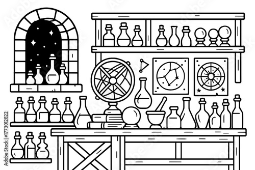 Medieval Alchemist's Workshop. Medieval alchemist’s workshop with shelves of potions, crystal spheres, and astrological charts,