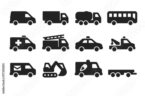 Transport Icons Collection. Solid style icons of Transport and logistics: delivery van, cargo truck, fuel tanker, bus, ambulance,
