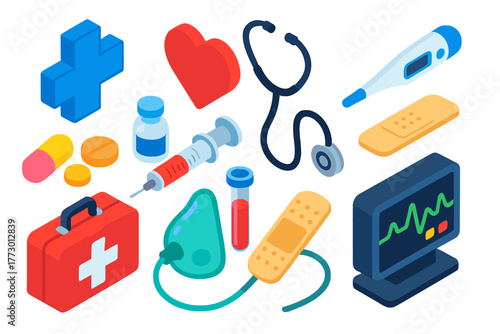Healthcare Essentials Icons. Isometric vector illustration set Medical and Healthcare Essentials: health cross, heart, stethoscope