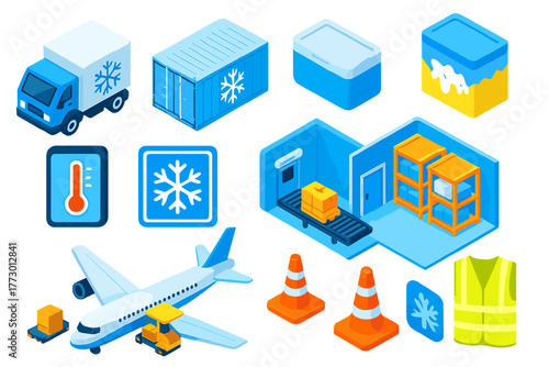 Refrigerated Shipping Icons. Isometric vector illustration set delivery and shipping: refrigerated truck, cold storage container,