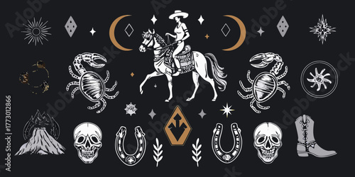 Mystical western collage featuring a cowgirl on horseback with celestial and zodiac symbols