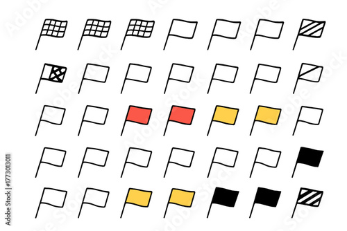 Various decorative flags in different colors and patterns displayed on a white background