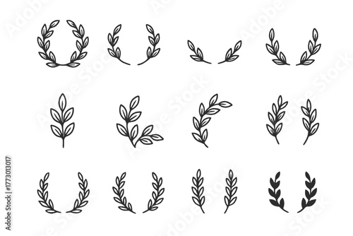 Different styles of hand-drawn leaf designs for creative projects and decorative purposes on a white background