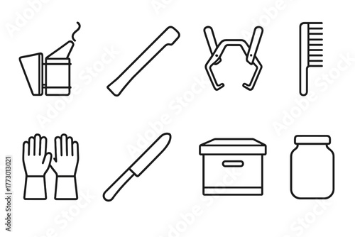 Beekeeping Tools Icons. Line style icons of Beekeeper Tools: Smoker, Hive Tool, Frame Grip, Brush, Gloves, Knife, Box, Jar, No