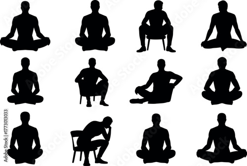 Silhouette Collection of Meditating and Sitting Man in Various Poses