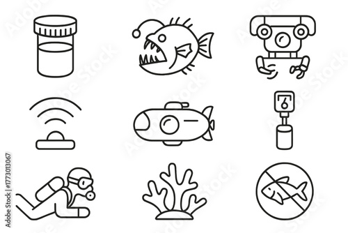 Marine Exploration Icons. Line style icons of Marine Exploration Hub: Sample Container, Abyssal Creature, ROV, Sonar, Submersible,
