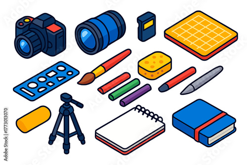 Creative Tool Icons. Isometric vector illustration set design and editing tools: digital camera, lens, tripod, memory card,