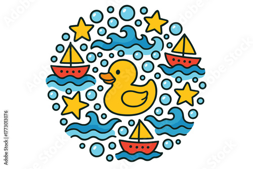 Rubber Duck Mandala. Rubber duck in the center with bubbles, boats, waves, and stars forming a fun circular mandala, bright