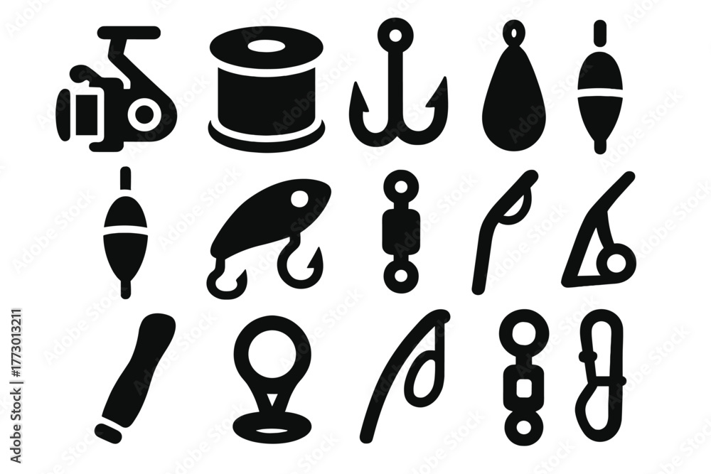 Fototapeta premium Fishing Gear Icons. Solid style icons of Fishing equipment parts: reel spool, line spool, hook, sinker, float, lure, swivel, rod