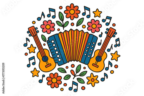 Festive Music Mandala. Accordion in the middle with guitars, flowers, notes, and stars forming a festive mandala composition,