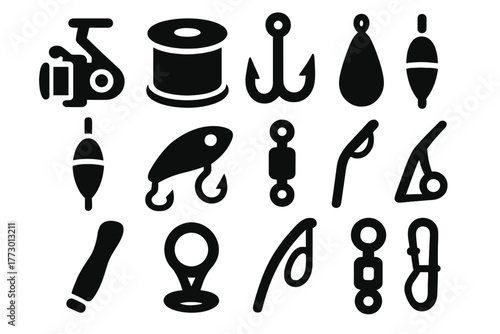 Fishing Gear Icons. Solid style icons of Fishing equipment parts: reel spool, line spool, hook, sinker, float, lure, swivel, rod